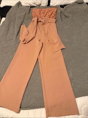 Eva Mendes Strapless Wide-Leg Jumpsuit in Dusty Rose